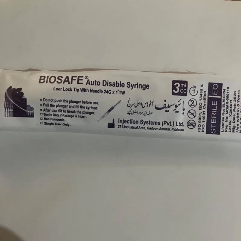 Biosafe Auto Disable Syringe 3ml surgical, pack of 100